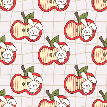 Cute white bunny inside red apples seamless pattern with leaves and a soft grid background, perfect for children's designs, stationery, fabric, wrapping paper, and seasonal projects.