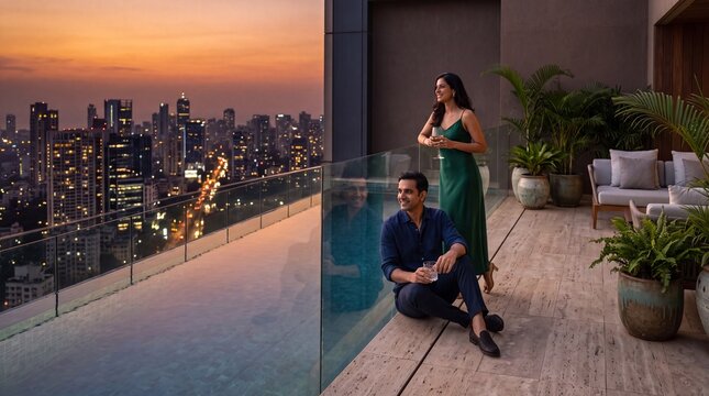 Luxury High-Rise Penthouse Infinity Pool at Sunset with Indian Couple Enjoying City Skyline View