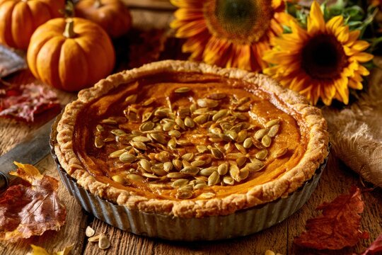 Autumn Pumpkin Pie With Seeds On Wooden Table