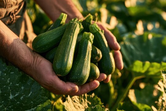 Fresh Green Zucchinis Held in Sunlit Garden by Farmer Hands