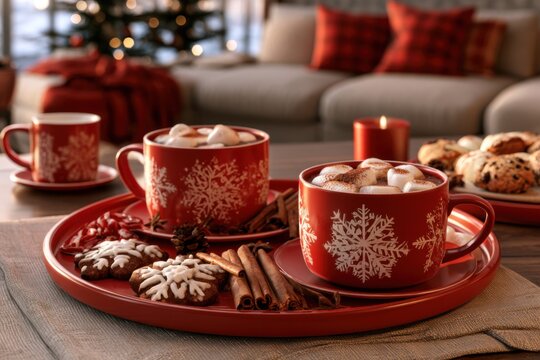 Christmas red mugs hot cocoa marshmallows festive cookies table setting