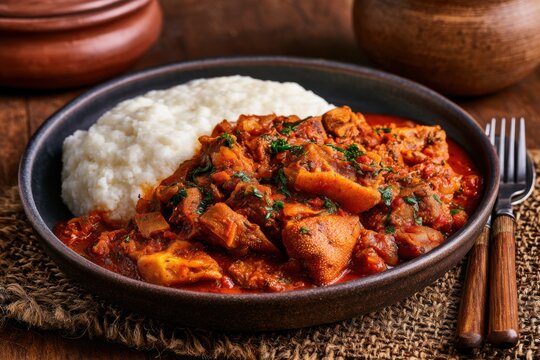 South African traditional tripe stew with pap on rustic table