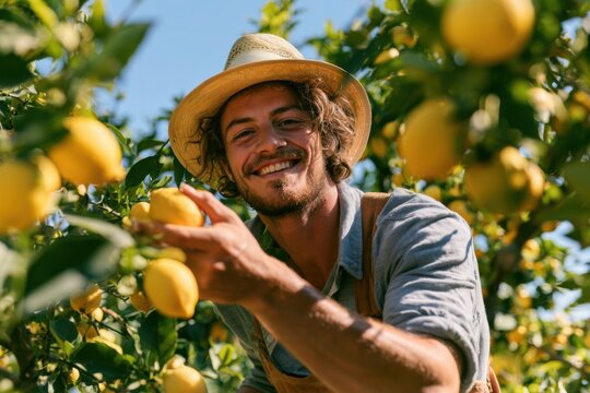 Summer lemon harvest smiling young farmer sunny orchard