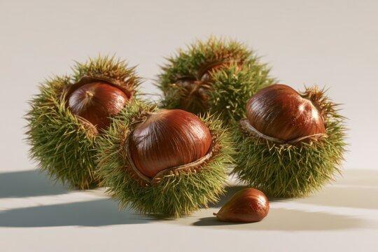 Autumn Harvest Fresh Chestnuts Spiky Green Burrs Close Up