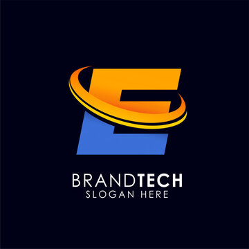 Modern letter E logo concept with a dynamic orbiting ring, symbolizing innovative technology, digital connectivity, and forward-thinking business solutions for contemporary brand identities