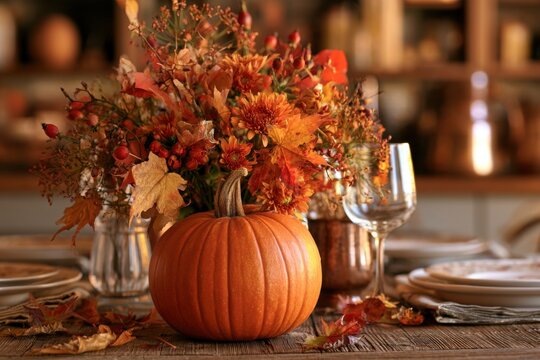 Autumn Pumpkin Centerpiece With Orange Flowers On Dining Table