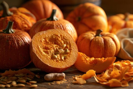 Orange pumpkins autumn harvest on wooden table