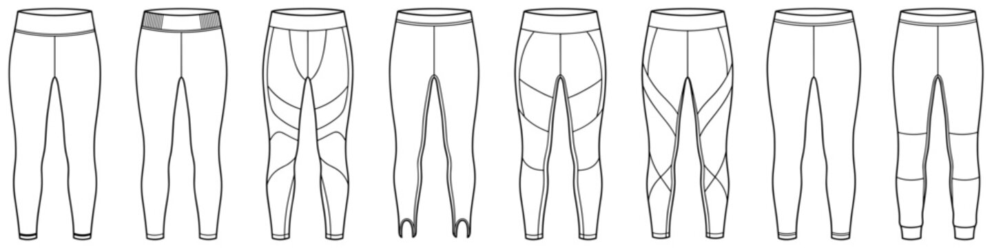 Flat sketch set of utility pocket cargo leggings and sports activewear tights vector illustration