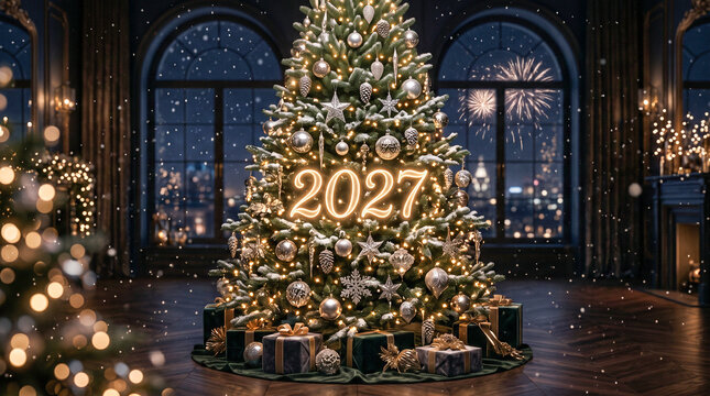 &Aacute;rbol de Navidad iluminado con adornos dorados y plateados, celebrando la llegada de 2027 con brillo, nieve y fuegos artificiales.