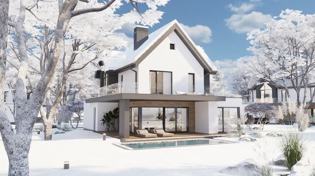 4K orbit shot of a modern suburban house in winter. The contemporary white home features a dark pitched roof, wooden deck, swimming pool, and snowy landscape under a sunny blue sky.