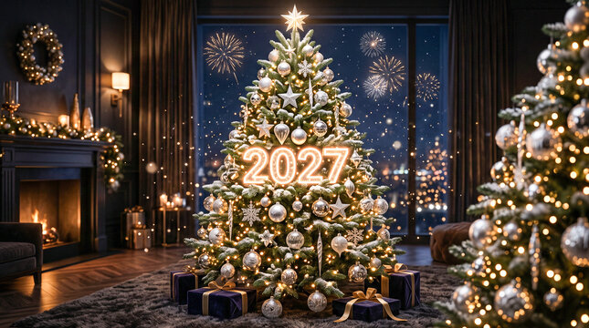 &Aacute;rbol de Navidad iluminado con adornos dorados y plateados, celebrando la llegada de 2027 con brillo, nieve y fuegos artificiales.