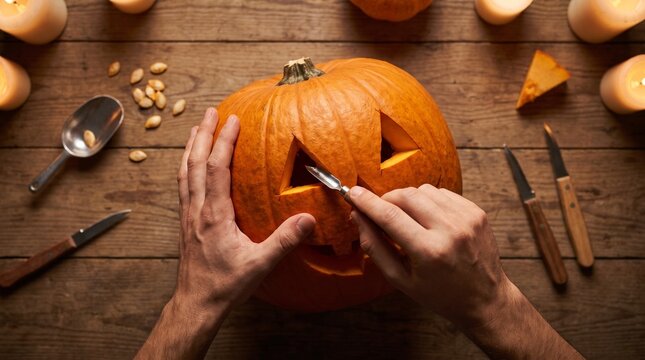 Person Carving a Traditional Halloween Jack-O-Lantern Pumpkin on a Rustic Wooden Table with Tools