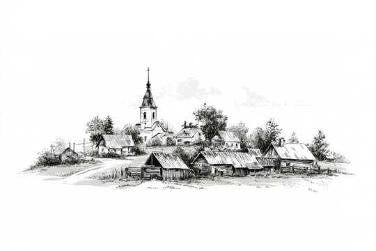 Rural Village Landscape Church Sketch Wooden Houses Barns Illustration