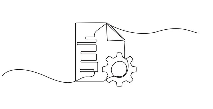 Animation continuous one line drawing of Document settings with File with gear. Setting information, text document, One line drawing animation. Motion design. Animated technology logo. Video 4K.