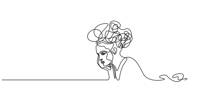Animated self drawing of continuous line draw confused women. Continuous one line animation, continuous line draw  woman with confused feelings worried about bad mental health, 4k animation video