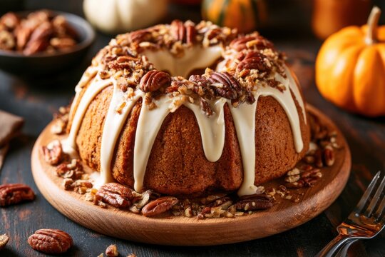 Autumn Pumpkin Spice Bundt Cake With White Icing And Pecans
