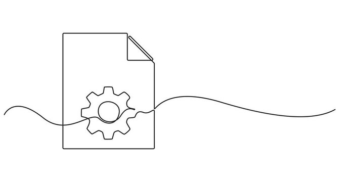 Animation continuous one line drawing of Document settings with File with gear. Setting information, text document, One line drawing animation. Motion design. Animated technology logo. Video 4K.