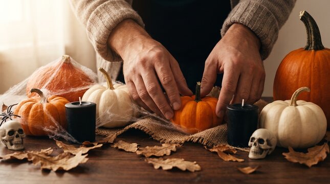 Person preparing Halloween table decoration with pumpkins, skulls, and candles at home