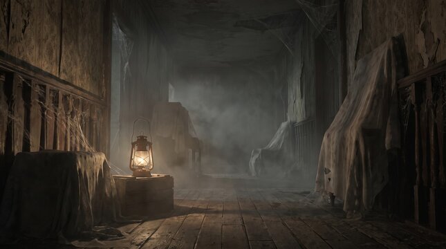 Spooky haunted house corridor with an old glowing lantern and misty atmosphere in a dark room