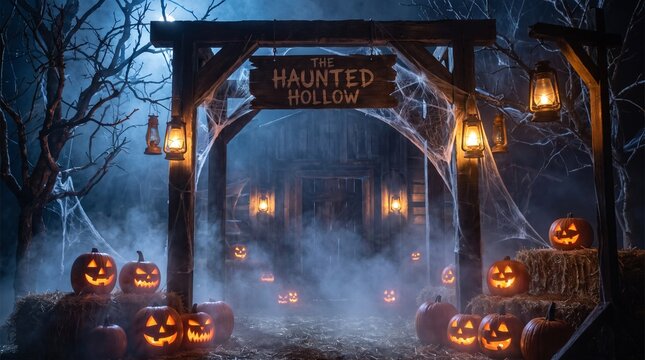 Mysterious Haunted Hollow Gateway Decorated with Carved Jack-O-Lanterns and Eerie Fog in a Dark Forest