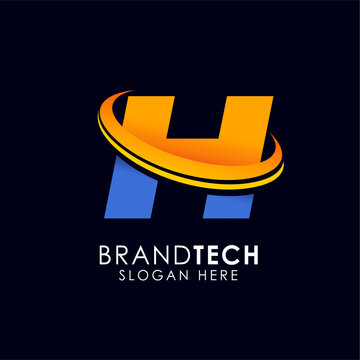Modern Professional Technology Logo Design Featuring Stylized Letter H with Golden Swoosh Ring