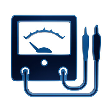 Blue neon analog ammeter or voltmeter meter icon with probes on dark background, multimeter analog meter isolated on a transparent background