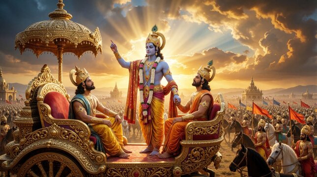 Lord Krishna gives spiritual advice to warrior Arjun on golden chariot. Bhagavad Gita scene shows divine guidance during Mahabharata war. Hindu god stands between two kings in battlefield with golden