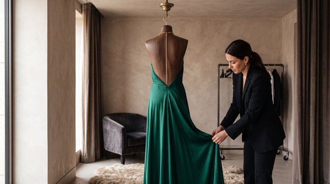 Emerald backless gown with gold halter chain on tailor's mannequin in high-end atelier