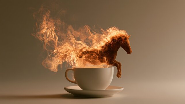 Surreal fiery horse rising from steaming hot coffee cup with flame and smoke effect on plain brown background artistic digital fantasy