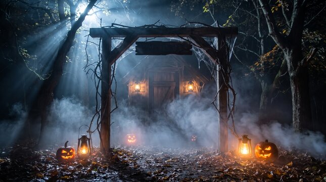 Spooky Halloween Night Forest with Glowing Jack-o-lanterns and Misty Wooden Gateway under Moonlight