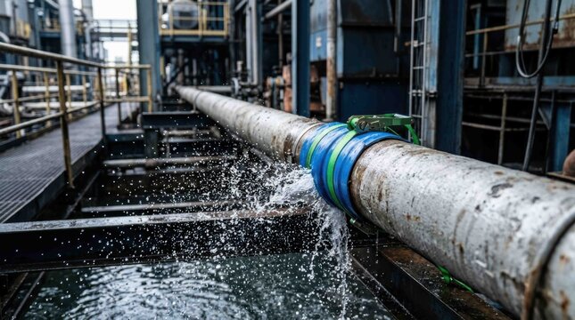 Industrial pipe leaking water with a temporary repair clamp