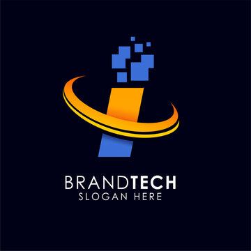 Modern abstract digital tech logo design with a swirling orange and blue i-shaped symbol, perfect for technology businesses and branding