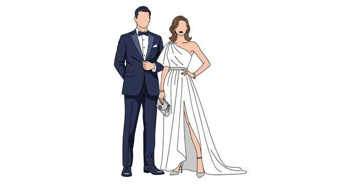 Elegant couple in formal evening wear with man wearing blue tuxedo and woman in beautiful white one-shoulder gown.