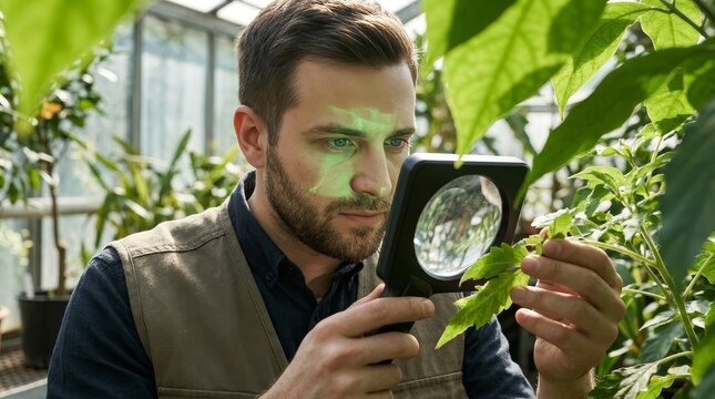 Botanist using digital magnifier on leaf in sunlit greenhouse