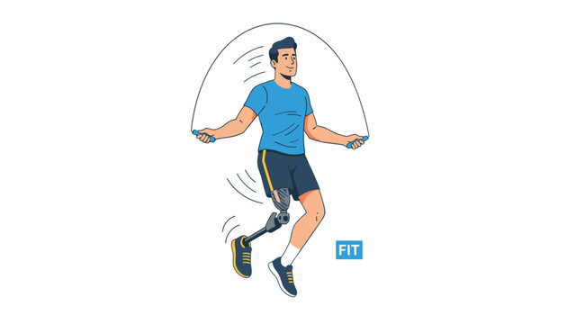 Determined young amputee athlete skipping rope with a high tech leg prosthesis in a minimal workout concept.