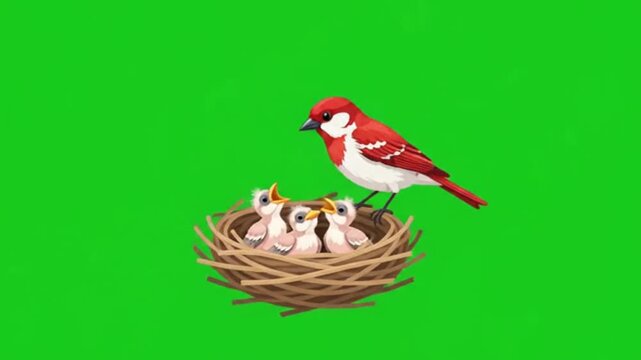 A vibrant vector illustration featuring a mother bird perched attentively beside her nest containing three hungry baby hatchlings against a clean solid green background