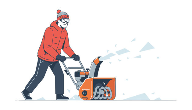 Determined man in red winter jacket and protective goggles clearing snow with a powerful orange snow blower machine.