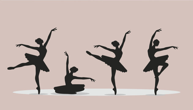 Elegant silhouettes of four female ballet dancers performing classical dance poses against a soft pinkish brown background.
