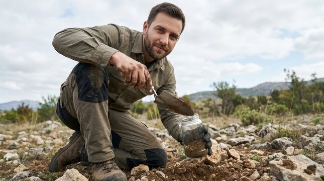 Geologist Kneeling to Collect Soil Sample in Field Ground Level View