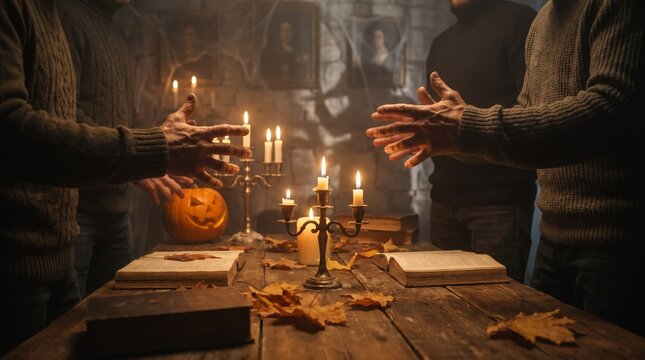Mysterious Spiritualist Gathering Performing a S&eacute;ance Ritual with Candles and Autumn Leaves in a Dark Atmospheric Room
