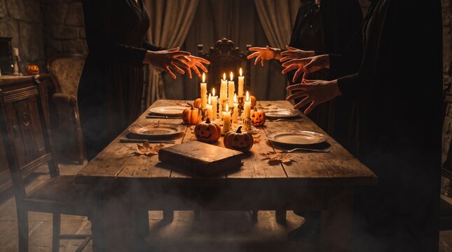 Mystical occult ritual with witches standing around a candlelit table decorated with carved pumpkins and ancient book on Halloween night