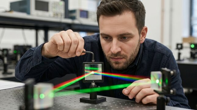 Physicist adjusting multi-colored laser through prisms in lab