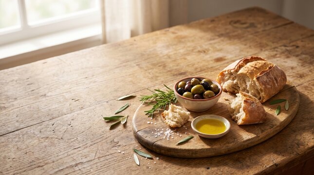 Crusty artisan bread with olives and olive oil on a rustic wooden board