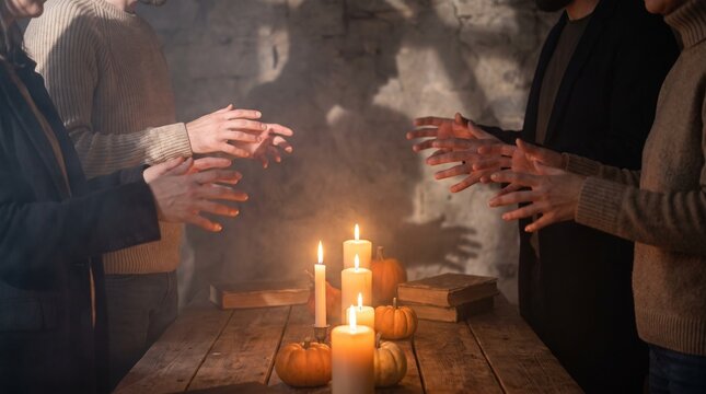 People performing mystical ritual or spiritual seance around table with burning candles and pumpkins in dark room