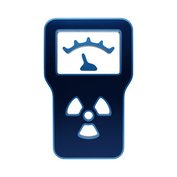 Blue glowing geiger counter icon with radiation symbol and meter display on a dark background, neon isolated on a transparent background