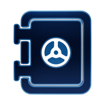 Blue glowing neon security vault door icon with a combination wheel lock and hinges on a dark background isolated on a transparent background
