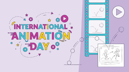 Obraz premium Film strip with bouncing ball keyframes and character sketch storyboard for international animation day festival