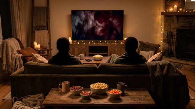 Couple enjoying a cozy movie night at home watching television on a sofa with snacks and ambient lighting