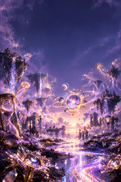 Surreal fantasy landscape with a golden armillary sphere, giant hourglasses, floating islands with waterfalls and a glowing neon river in a purple sky