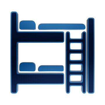 Blue glowing bunk bed icon with two mattresses, pillows, and a side ladder on a dark background neon isolated on a transparent background